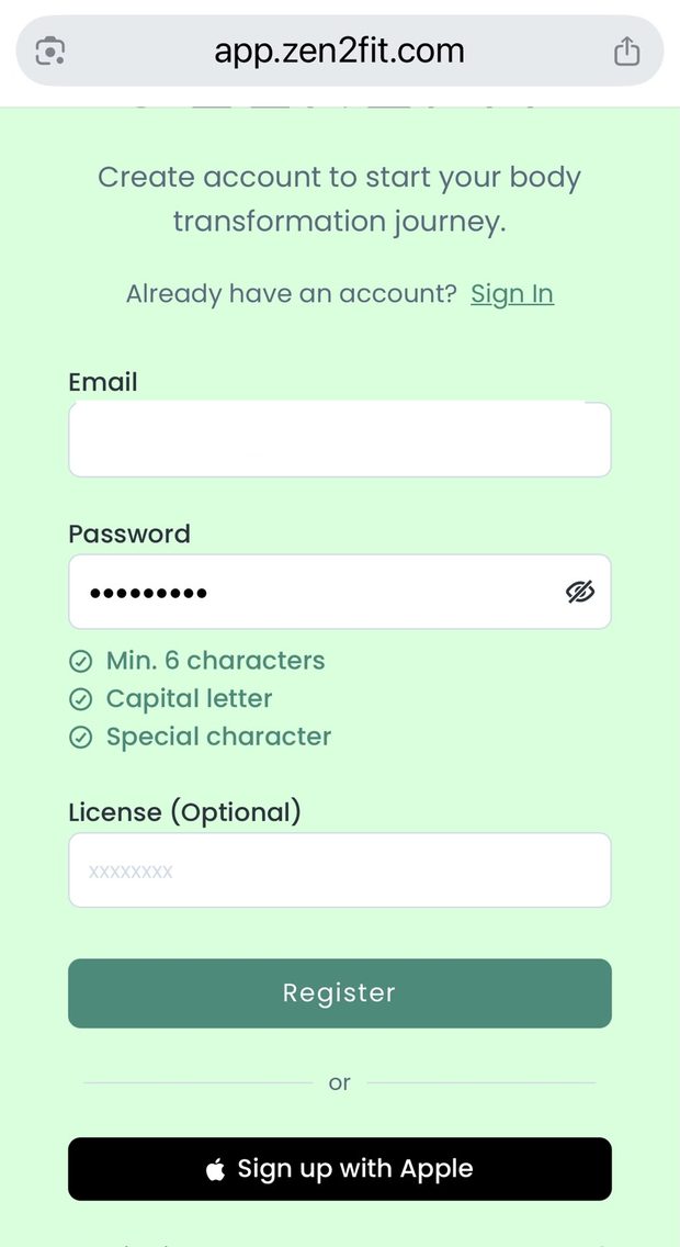 Zen2Fit register screen with email and password fields
